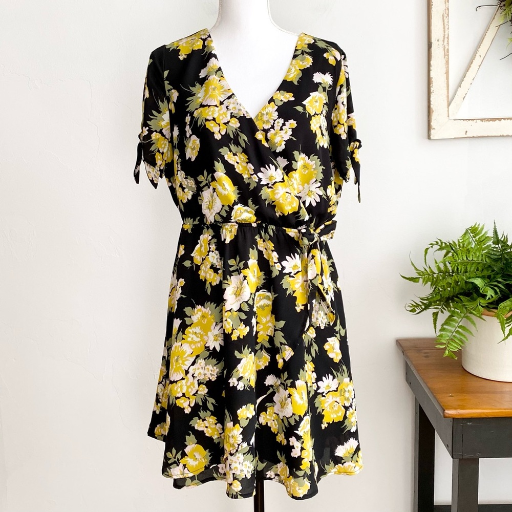 As U Wish Black Floral Wrap Dress with Yellow and White Flowers